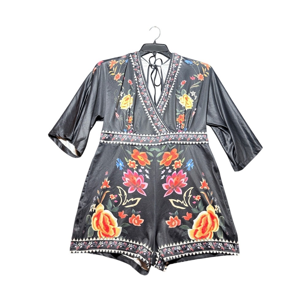 SHEIN Romper Women XL Black Floral V-Neck Short Sleeve Boho